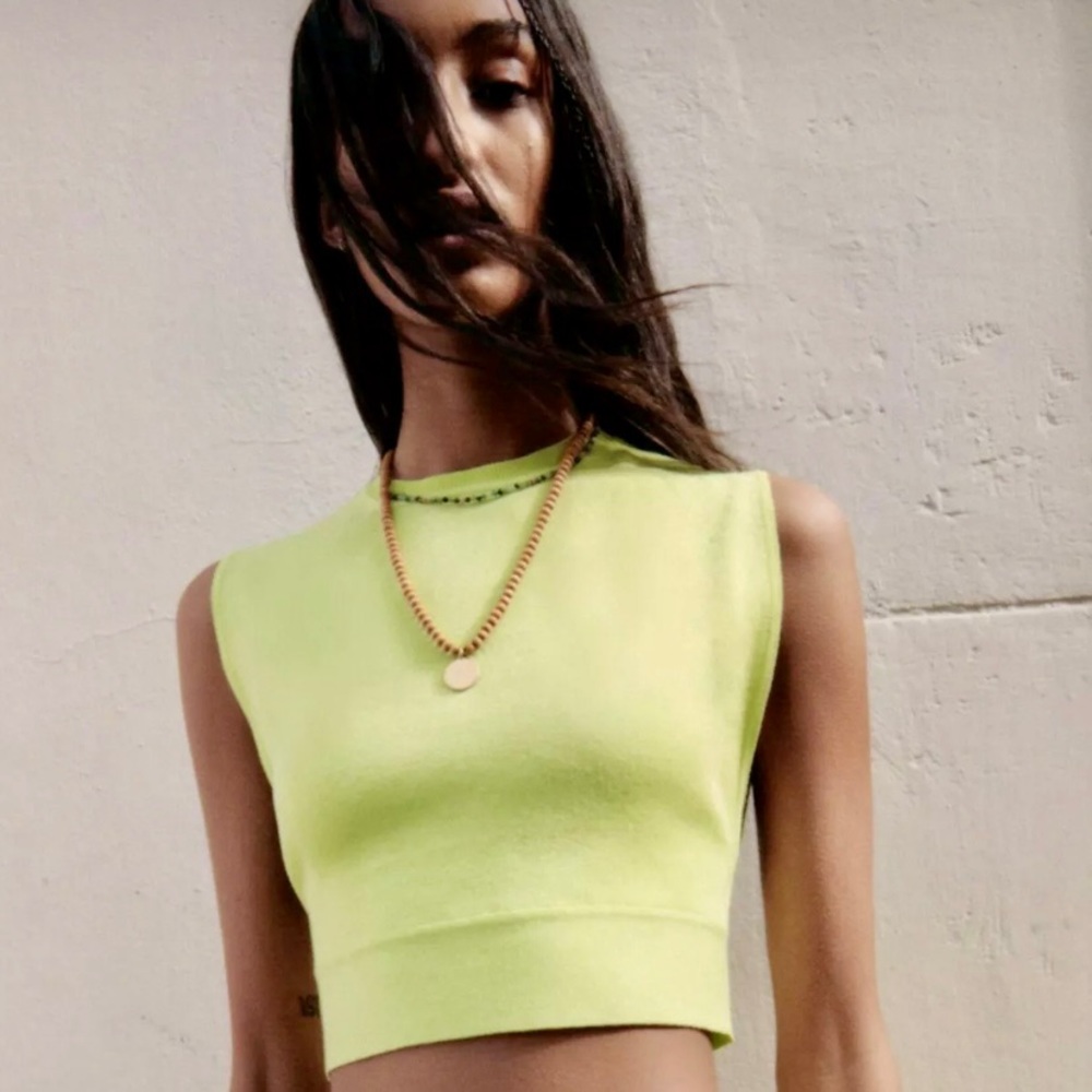 Zara Open Back Knit Top in Neon Green (S), New With Tags